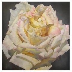 Gerahmtes Ölgemälde auf Leinwand „Blanca“ – Weiße Rose von Shelly Gurton