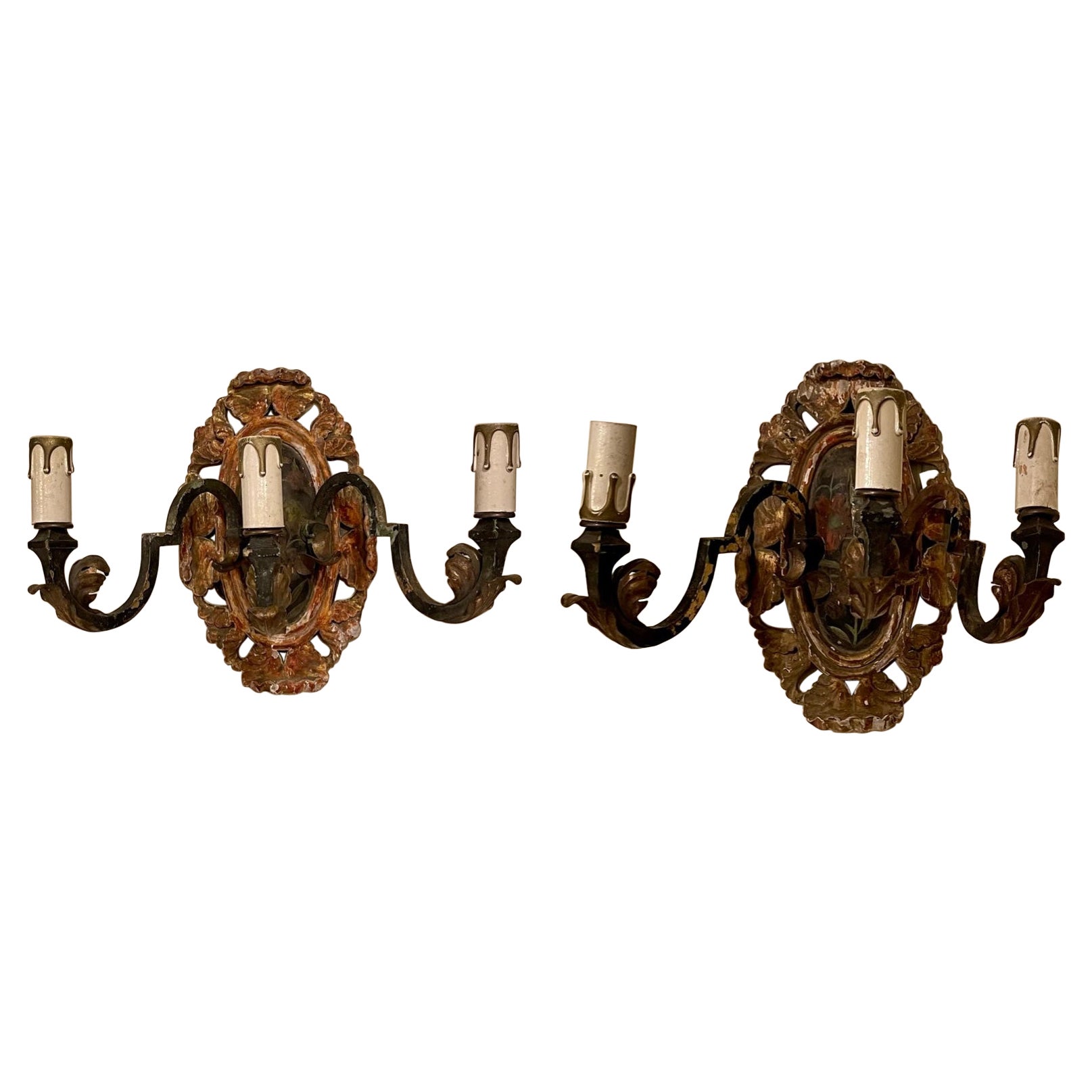 Pair Antique 19th Century Italian Painted Wood and Iron Sconces.