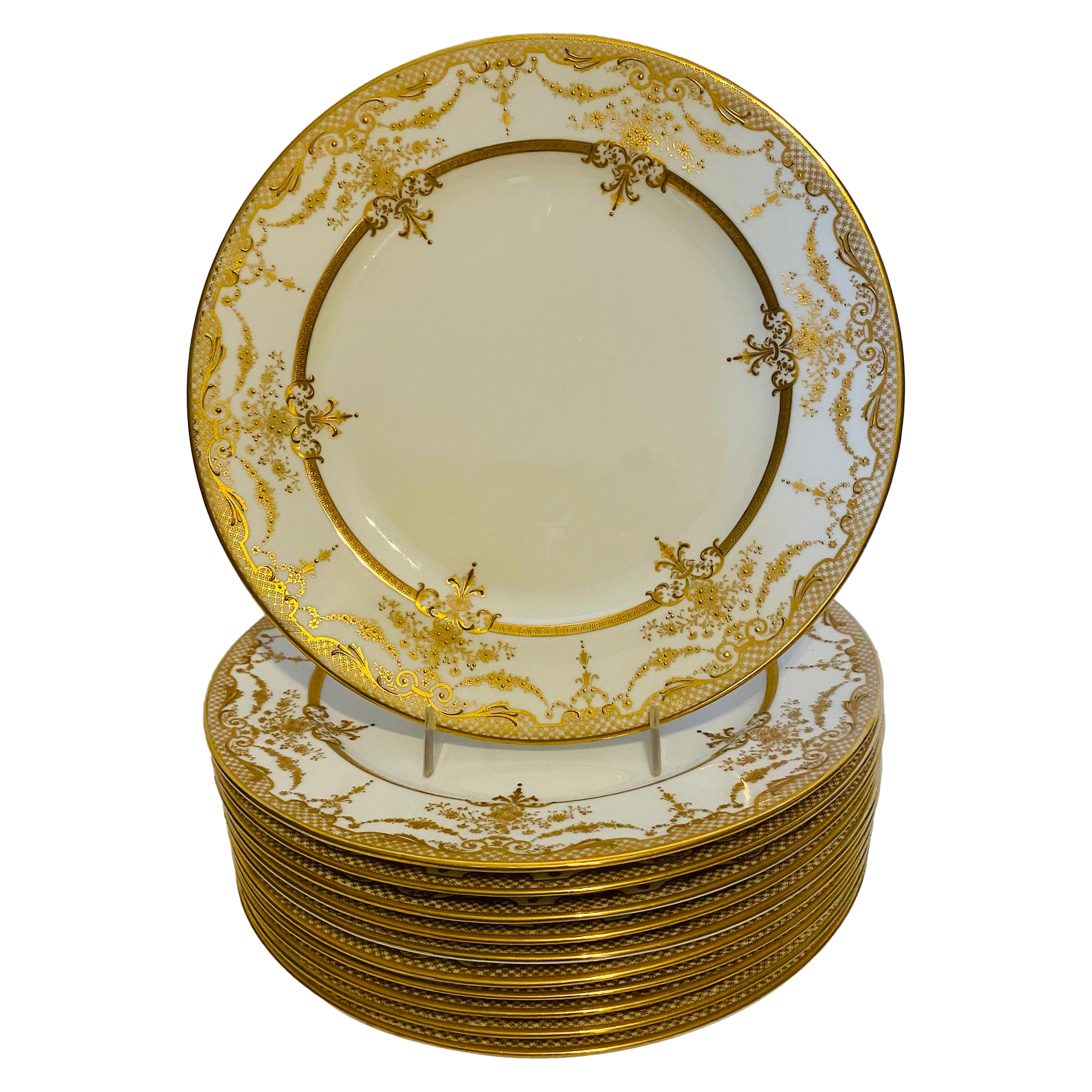 11 Custom Antique English Raised Gilt Dinner Plates For Shreve & Co Circa 1915