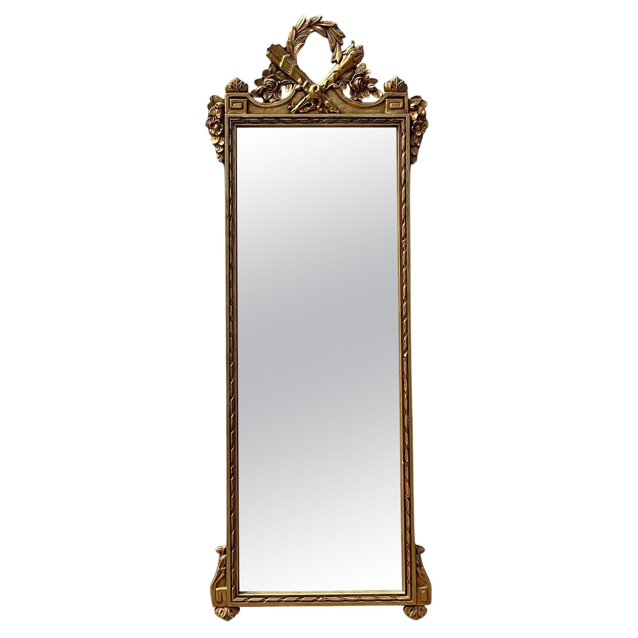 Vieux miroir Regency monumental doré à clé grecque