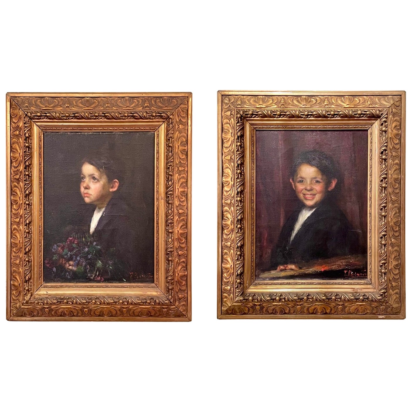 Paar antike gerahmte Porträtgemälde in Öl auf Leinwand, um 1900. im Angebot