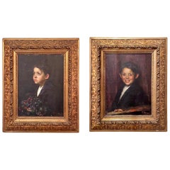 Paar antike gerahmte Porträtgemälde in Öl auf Leinwand, um 1900.