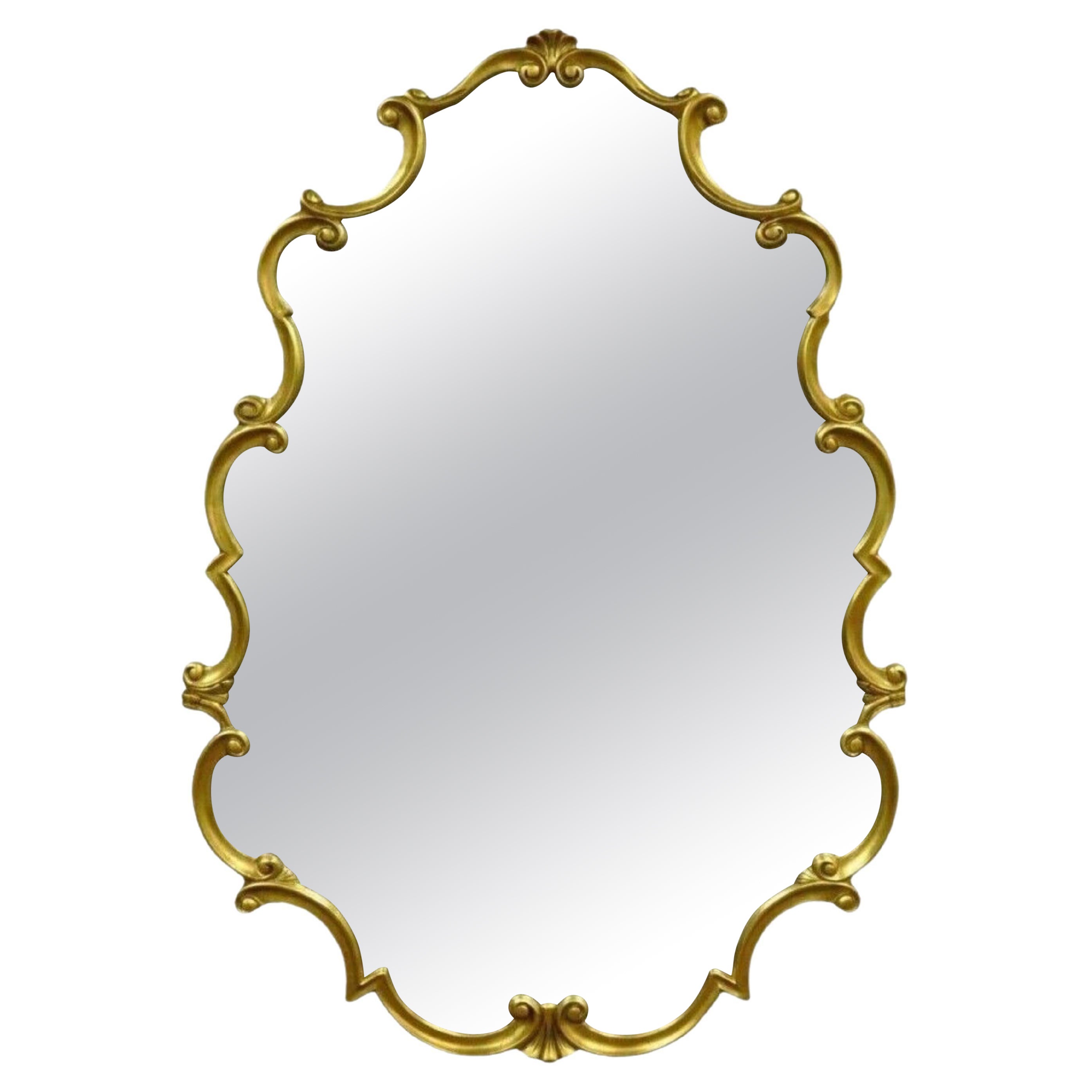 Vintage Hollywood Regency French Style Gold Carved Wood Scrollwork Wall Mirror For Sale