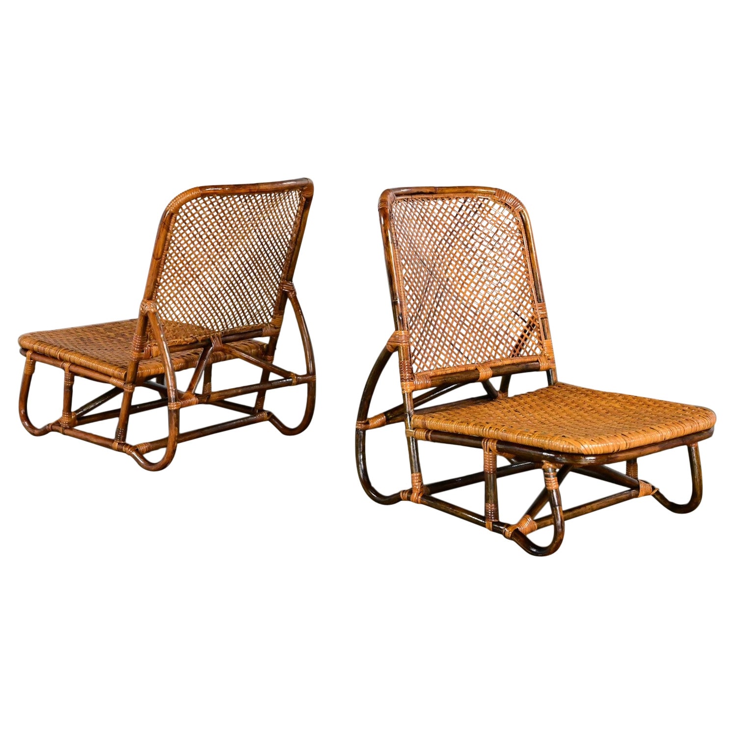 MCM Coastal Rattan & Wicker Low Legless or Zaisu Lounge Chairs Style Calif Asia For Sale