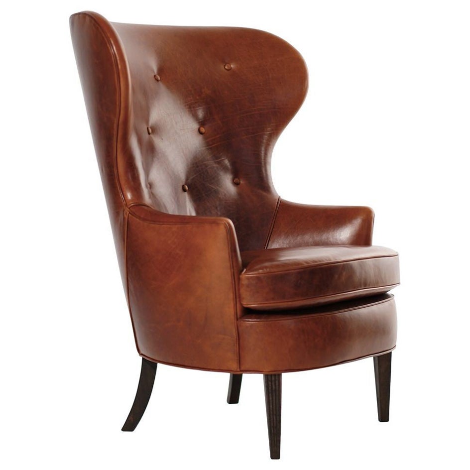 Vintage Wingback Chair in Cognac Leather, C. 1950s For Sale