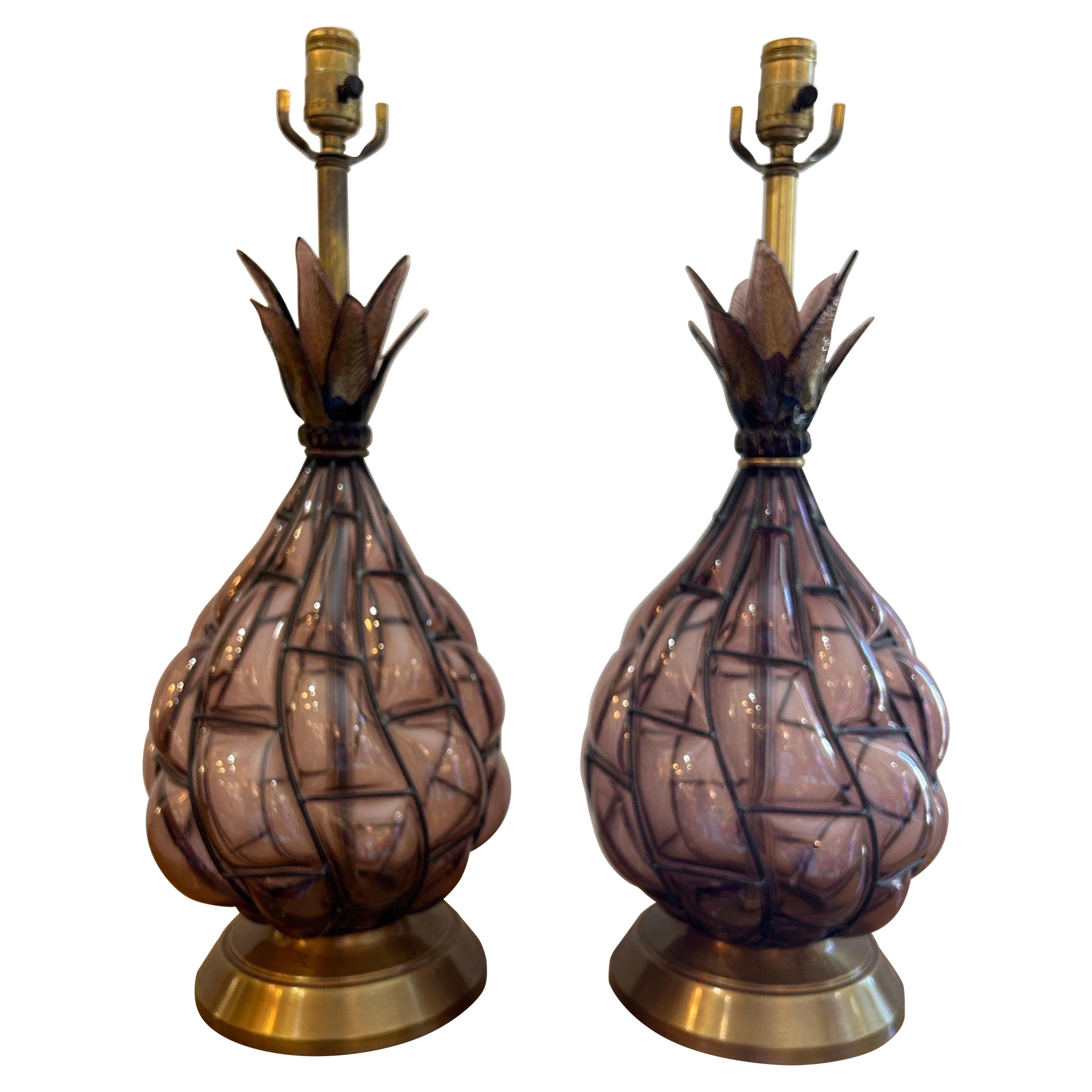 Murano pineapple glass lamps a pair.. For Sale