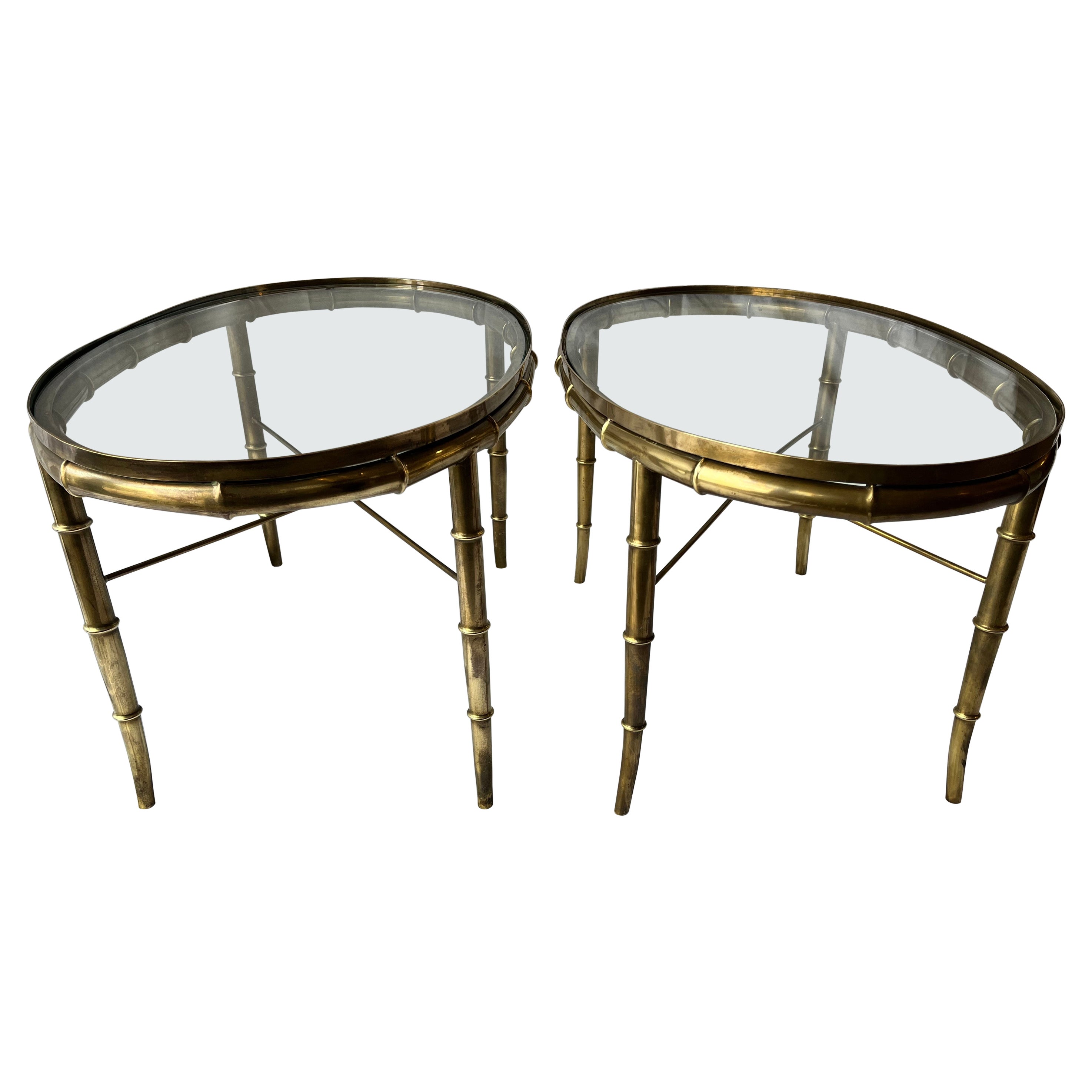 Pair Vintage Italian Brass Faux Bamboo Side or End Tables Style of Mastercraft