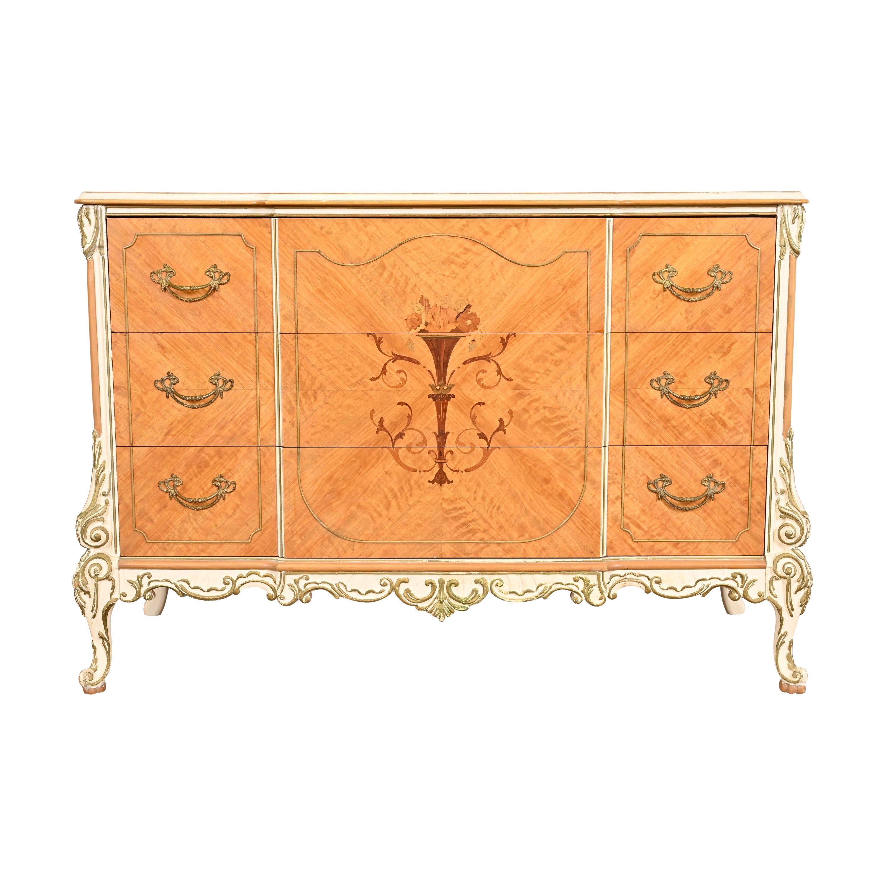 Romweber French Rococo Satinwood Inlaid Marquetry Parcel Painted Dresser, 1930s For Sale