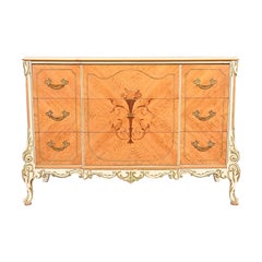 Vintage Romweber French Rococo Satinwood Inlaid Marquetry Parcel Painted Dresser, 1930s