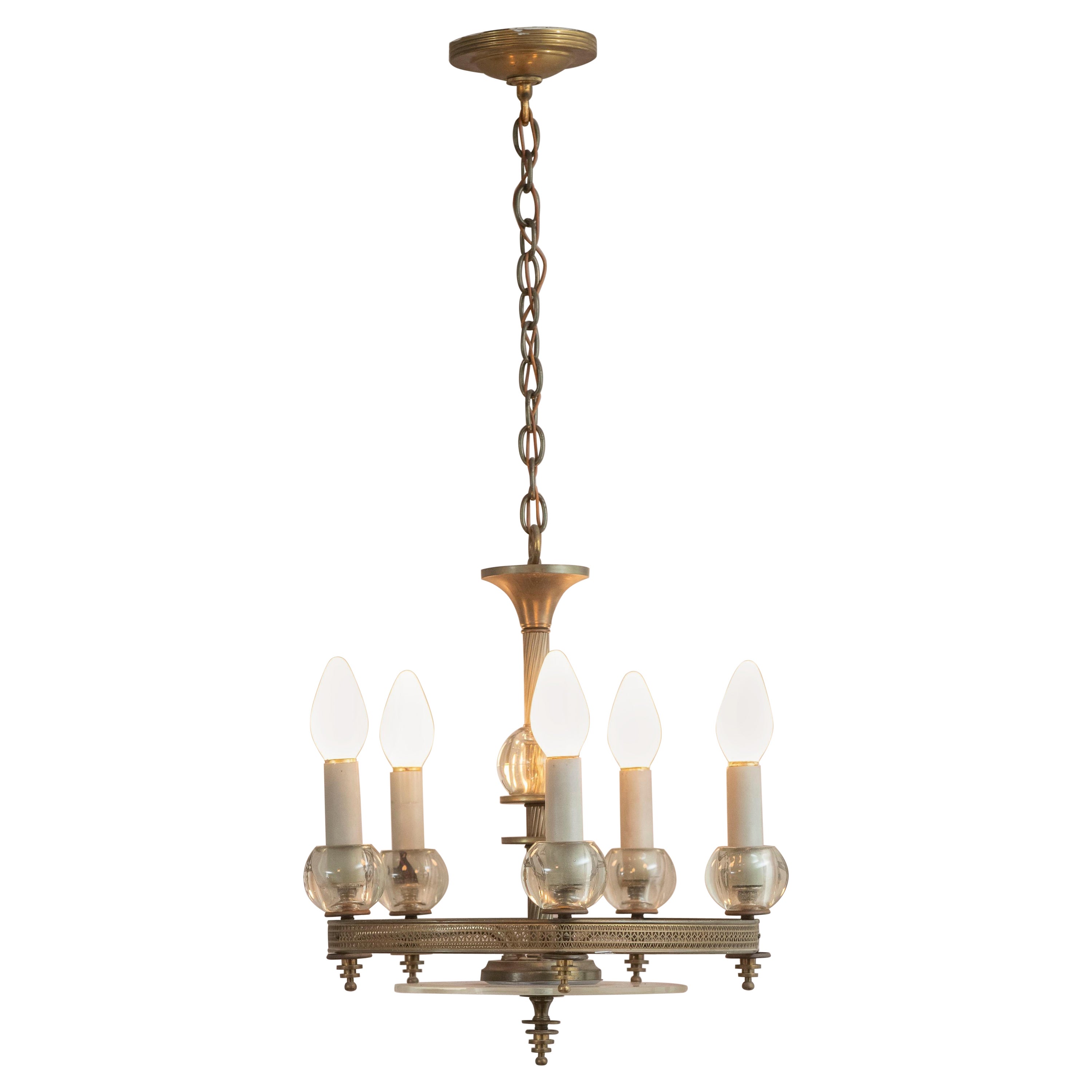 Mid Century 5 Light Chandelier, Glass and Silver Plate, ca. 1940's For Sale