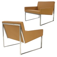 PAIR of Tan Leather & Brushed Nickel Lounge Chairs by Fabien Baron 4 Avail