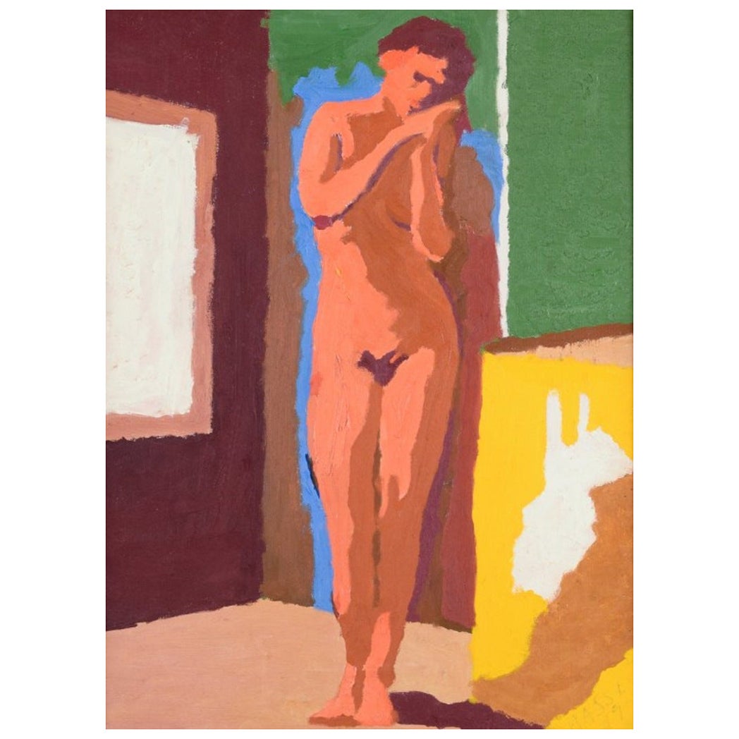 Swedish artist. Oil on canvas. Nude female model in interior, modernist style. For Sale