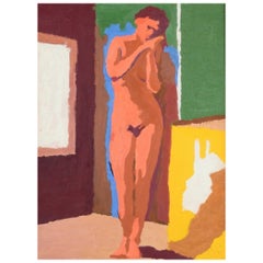 Vintage Swedish artist. Oil on canvas. Nude female model in interior, modernist style.