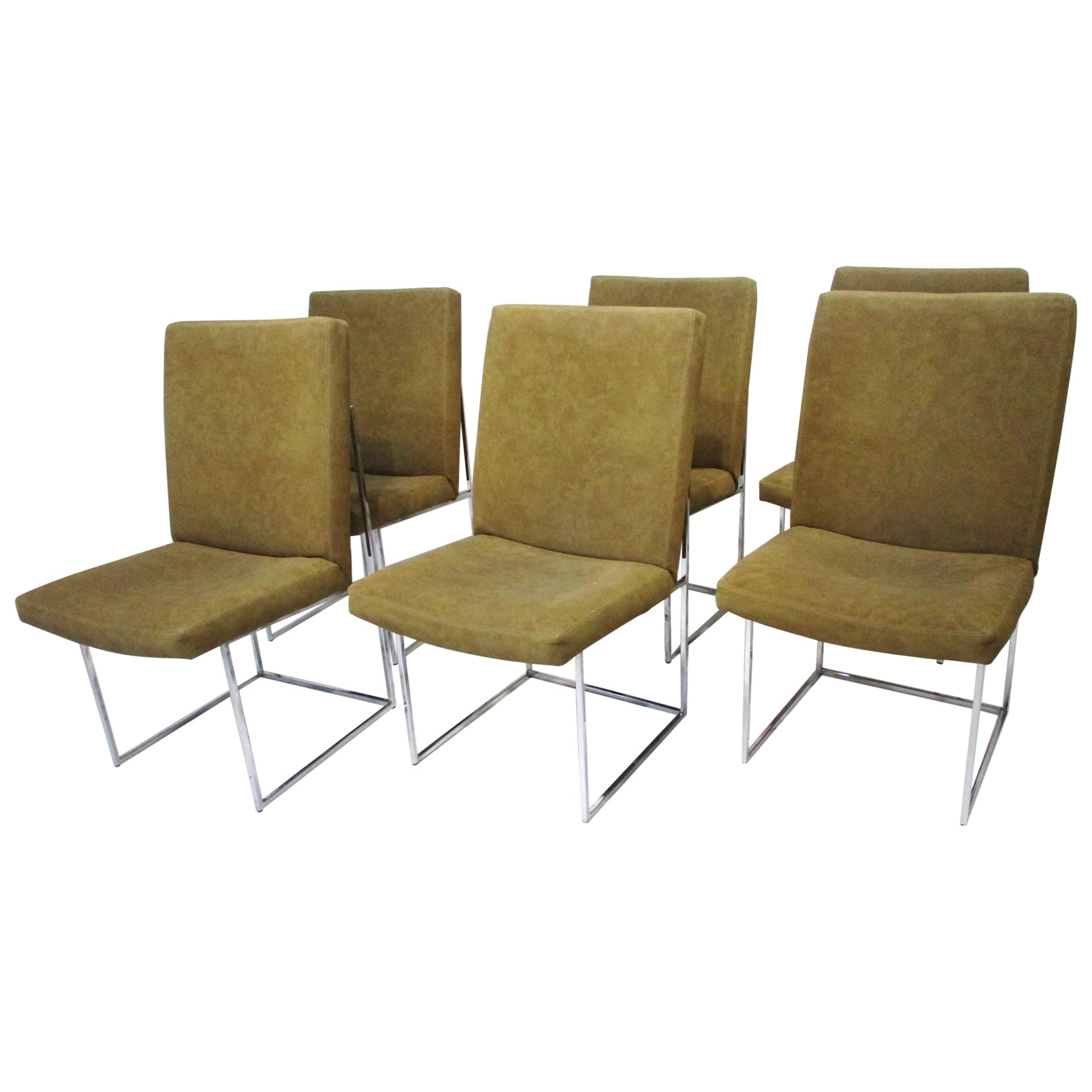 6 Milo Baughman Chrome and Suede Dining Chairs for Thayer Coggin   
