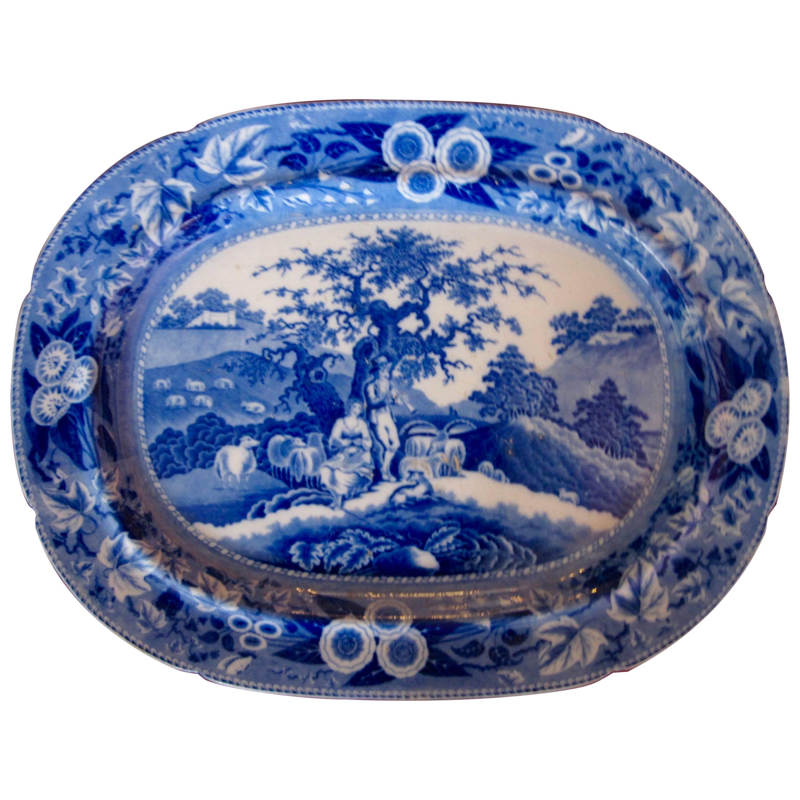 Oversize Staffordshire Blue/White Transferware 'Piping Shepherd' Platter