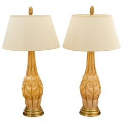 Large Pair of Coral Tone Murano Lamps with Brass Details by Marbro