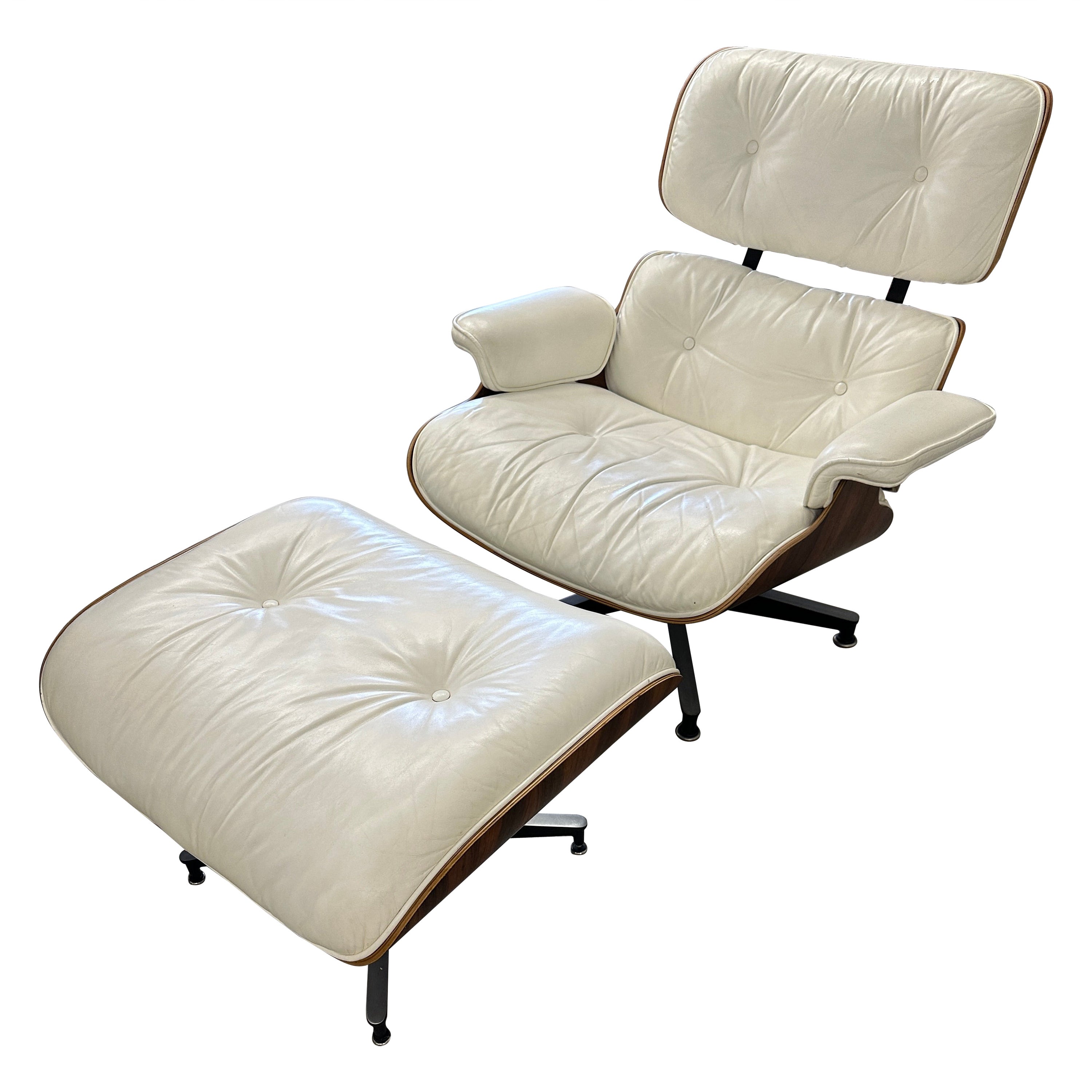 1970's Herman Miller Eames Rosewood & White Leather Lounge Chair & Ottoman For Sale