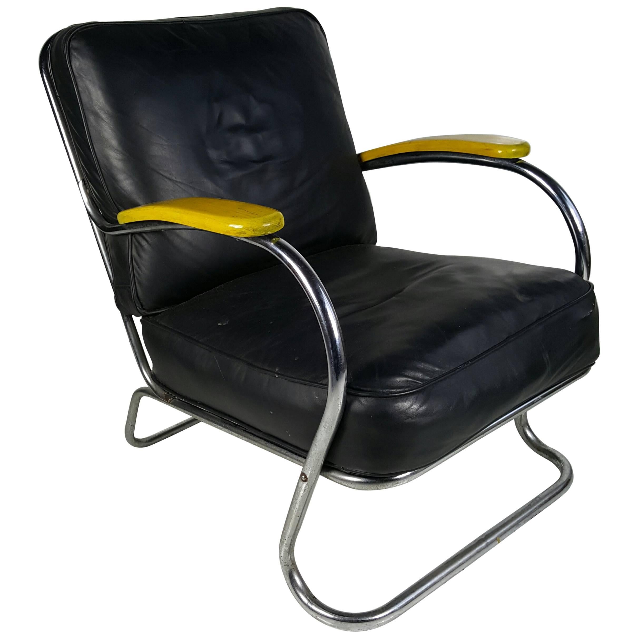 Art Deco Chrome and Leather K E M Webber Lounge Chair, circa 1930s