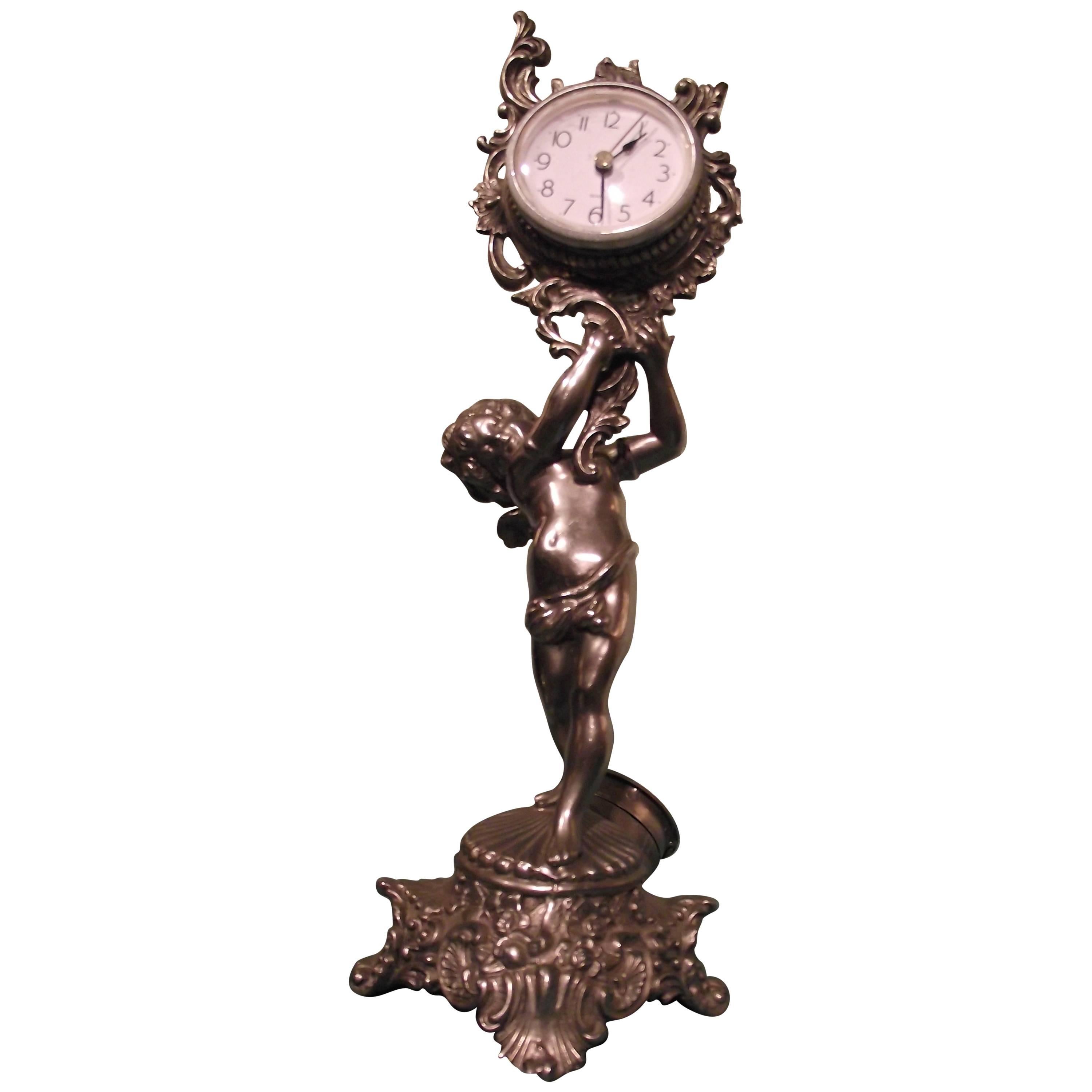 Antique Silver Plated Cherub Clock, Desk Accessory, Valentine gift For Sale