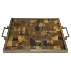 1970s Italian Tommaso Barbi Patchwork Horn & Chrome Large Serving Tray
