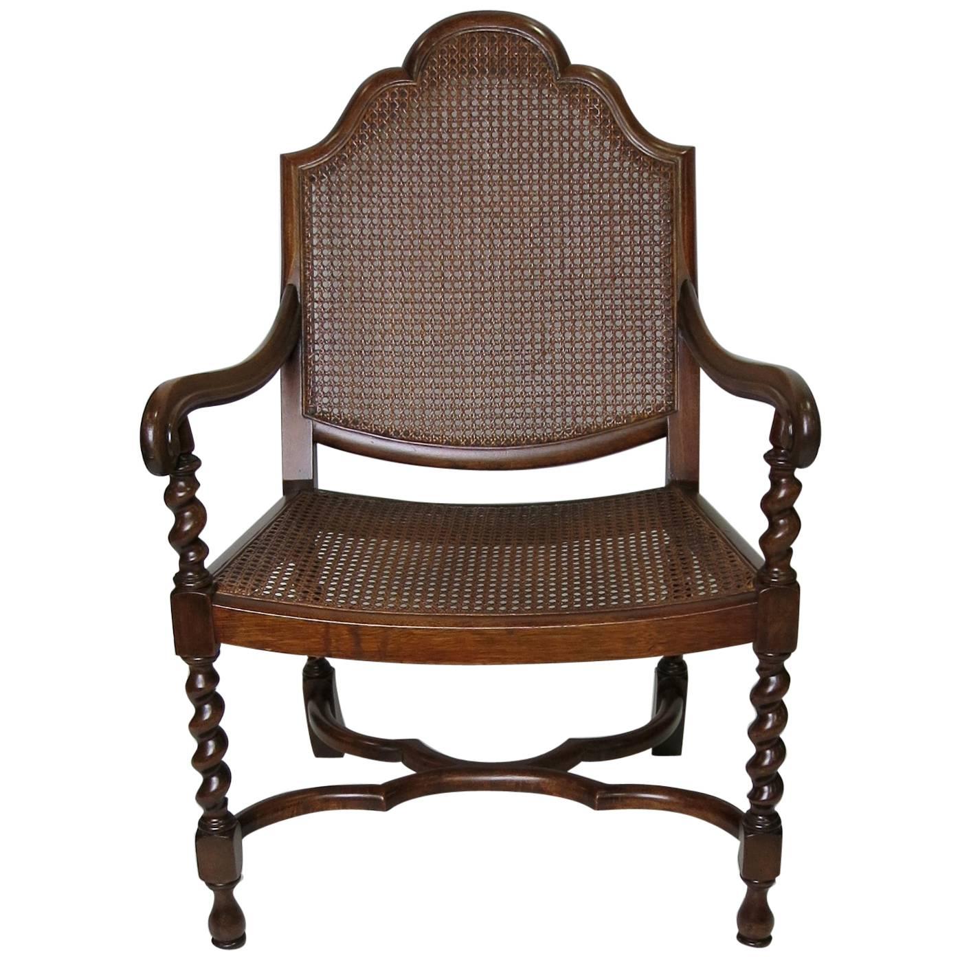 Exquisite Early 20th Century Mahogany and Cane Baroque Armchair