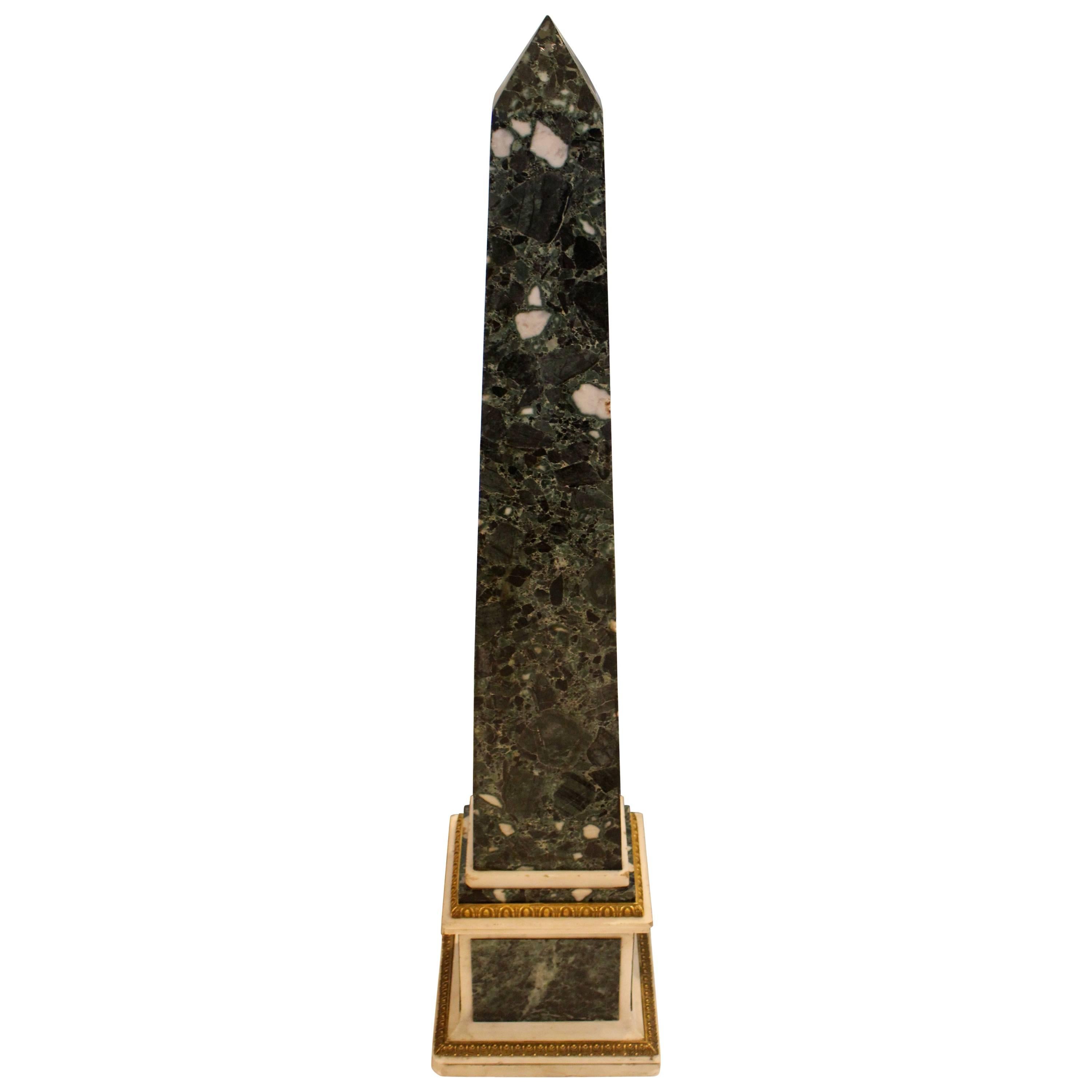 Italian Neoclassical Gilt Bronze-Mounted Verde Antico and White Marble Obelisk For Sale