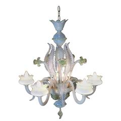 Venetian Five Arms Chandelier with Opalescent Leaves and Green Crystal Flowers