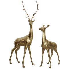 Vintage Amazing Set of Two Huge Deer Made of Brass, France, 1970s