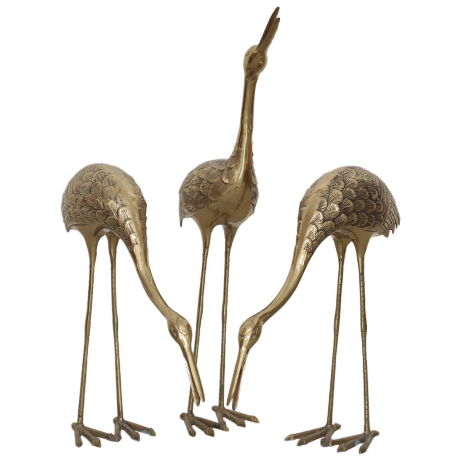 Set of Three Extraordinary Huge Brass Flamingos or Cranes