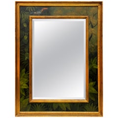 Miroir biseauté peint à la main de style Palm Beach Regency, toucan avec feuillage