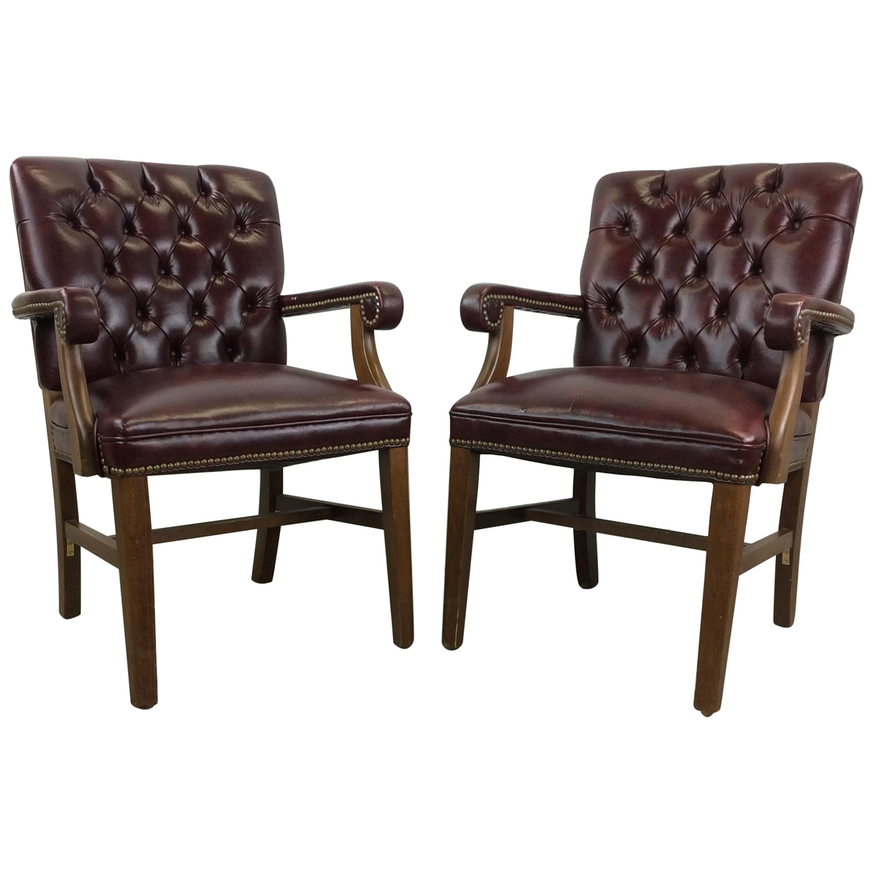 Pair of Vintage Red Tufted Leather Arm Chairs For Sale