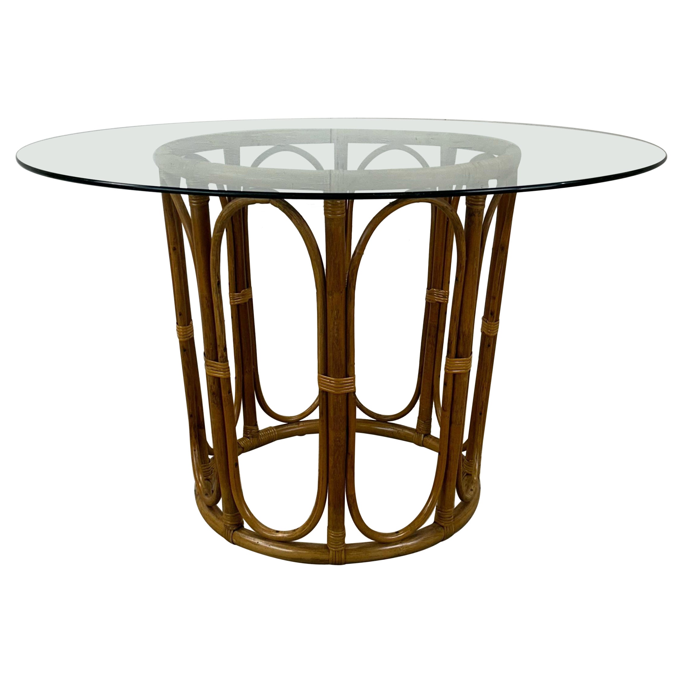 Vintage Glass Top Dining Table with Rattan Pedestal Base For Sale