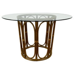 Vintage Glass Top Dining Table with Rattan Pedestal Base