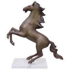 Skulptur eines sich aufbäumenden Pferdes aus Messing auf Lucite