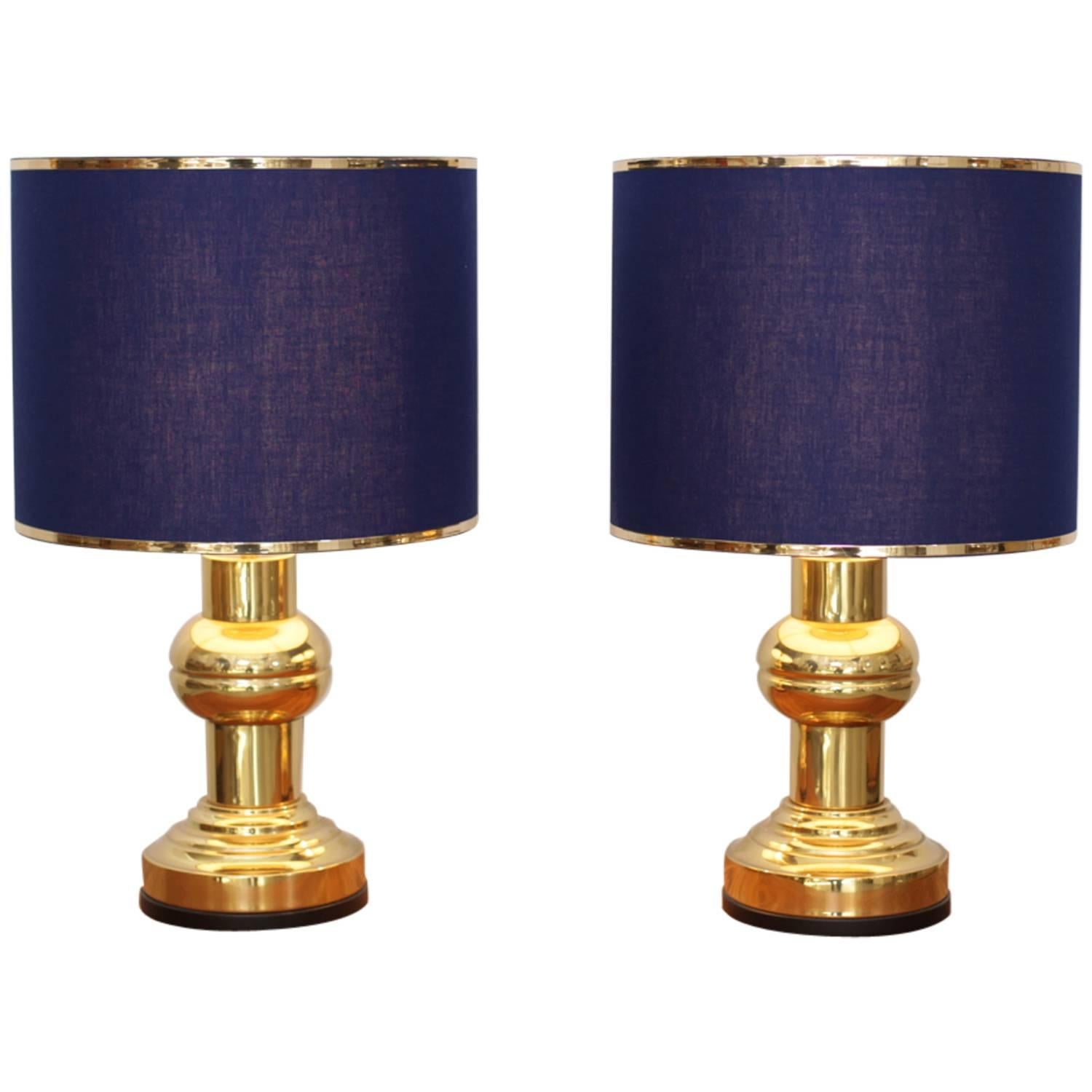 Set of Two Art Deco Style Table Lamps in Brass with Dark Blue Shades