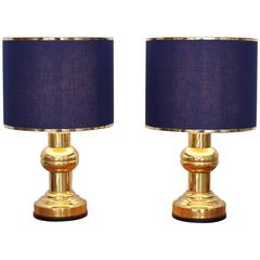 Set of Two Art Deco Style Table Lamps in Brass with Dark Blue Shades 4