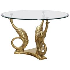 Massive Round Brass Coffee or Side Table with Peacocks