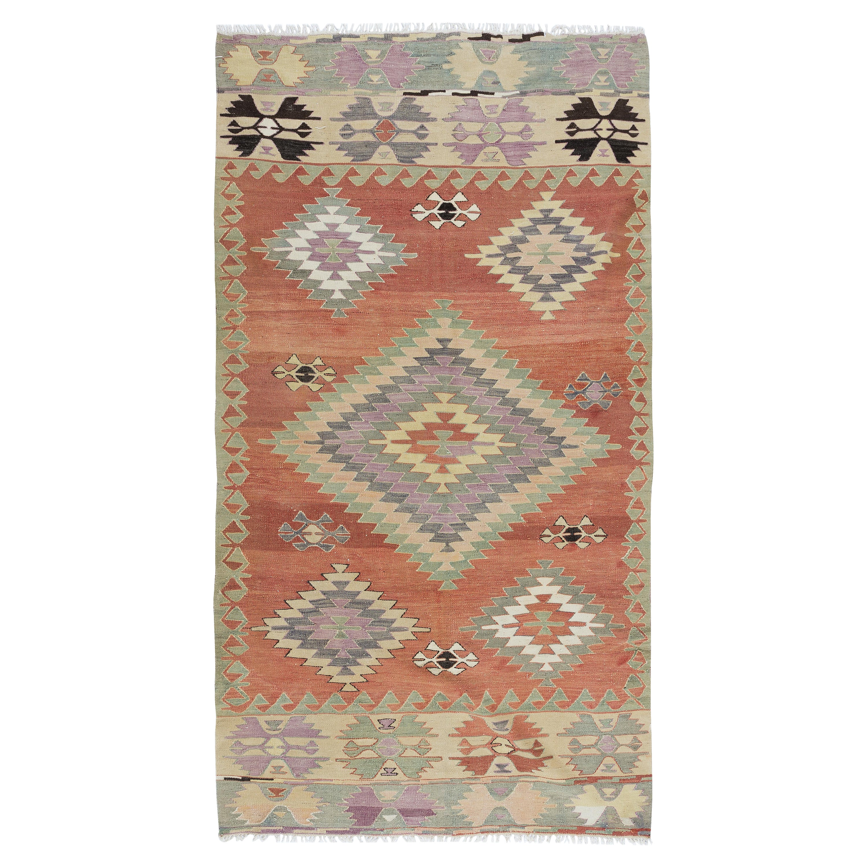 4.7x8.7 Ft Colorful Geometric Hand Woven Turkish Kilim, Flat-Weave Red Wool Rug (tapis de laine rouge à tissage plat) en vente
