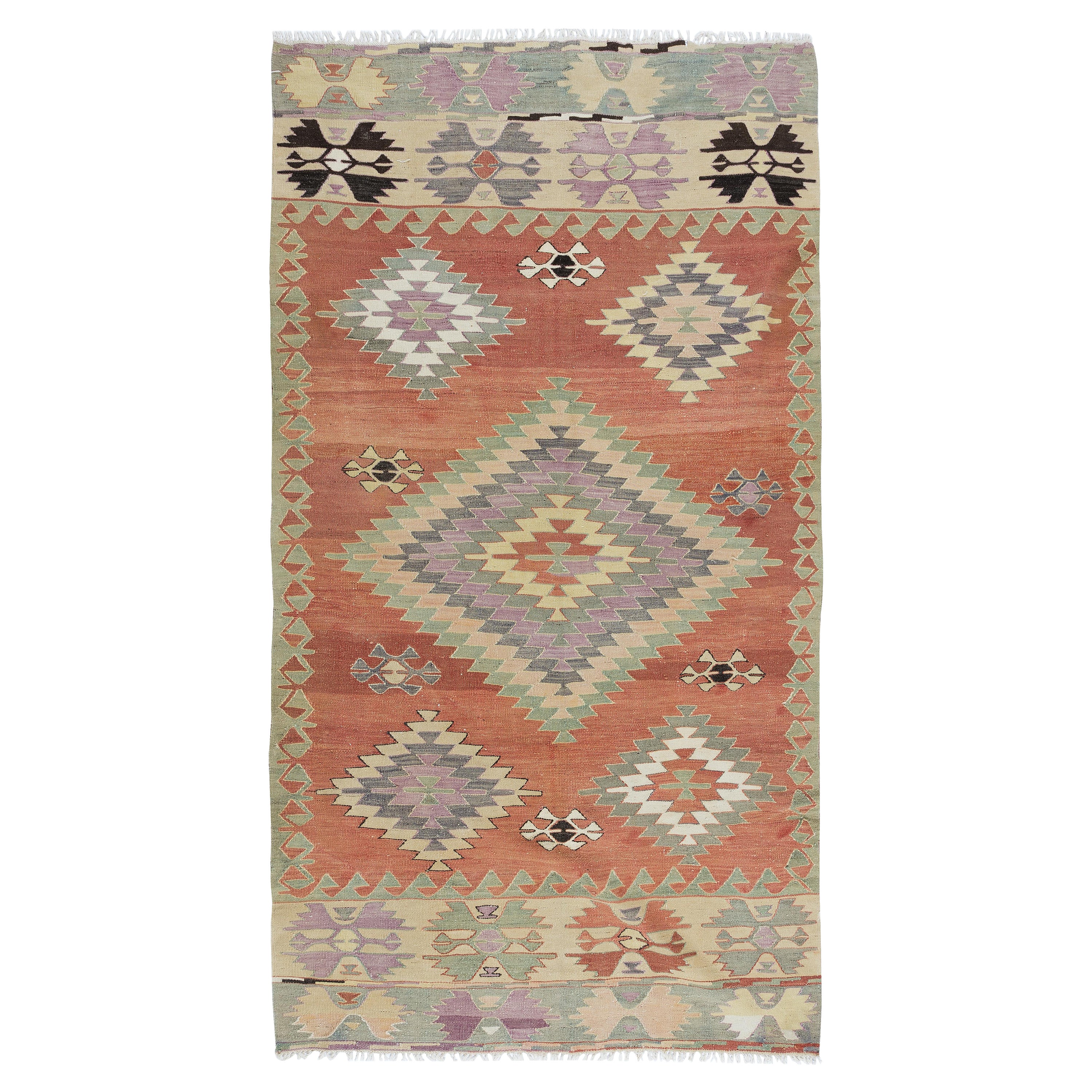 4.7x8.7 Ft Colorful Geometric Hand Woven Turkish Kilim, Flat-Weave Red Wool Rug