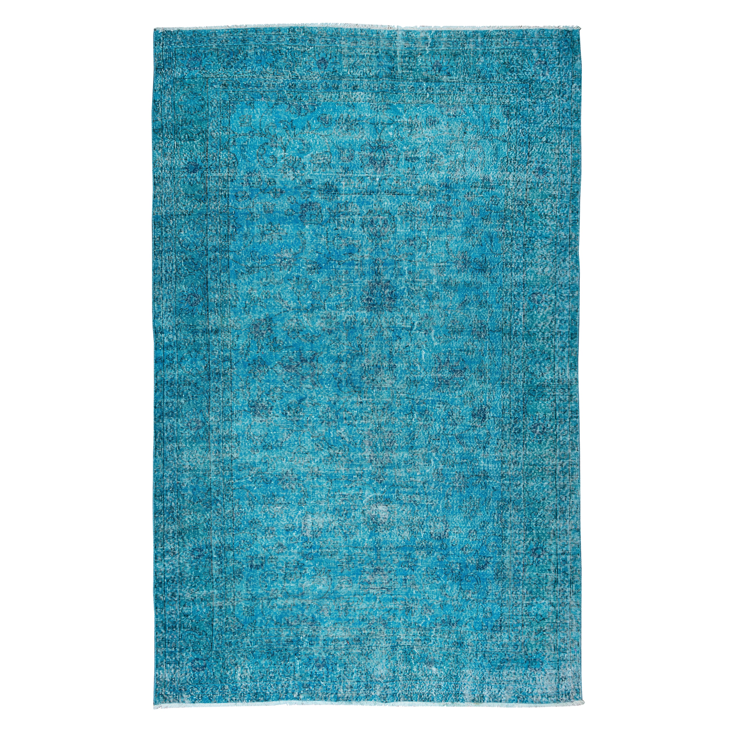 7x11 Ft Handmade Vintage Turkish Area Rug in Teal Blue for Contemporary Interior For Sale