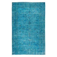 7x11 Ft Handmade Vintage Turkish Area Rug in Teal Blue for Contemporary Interior