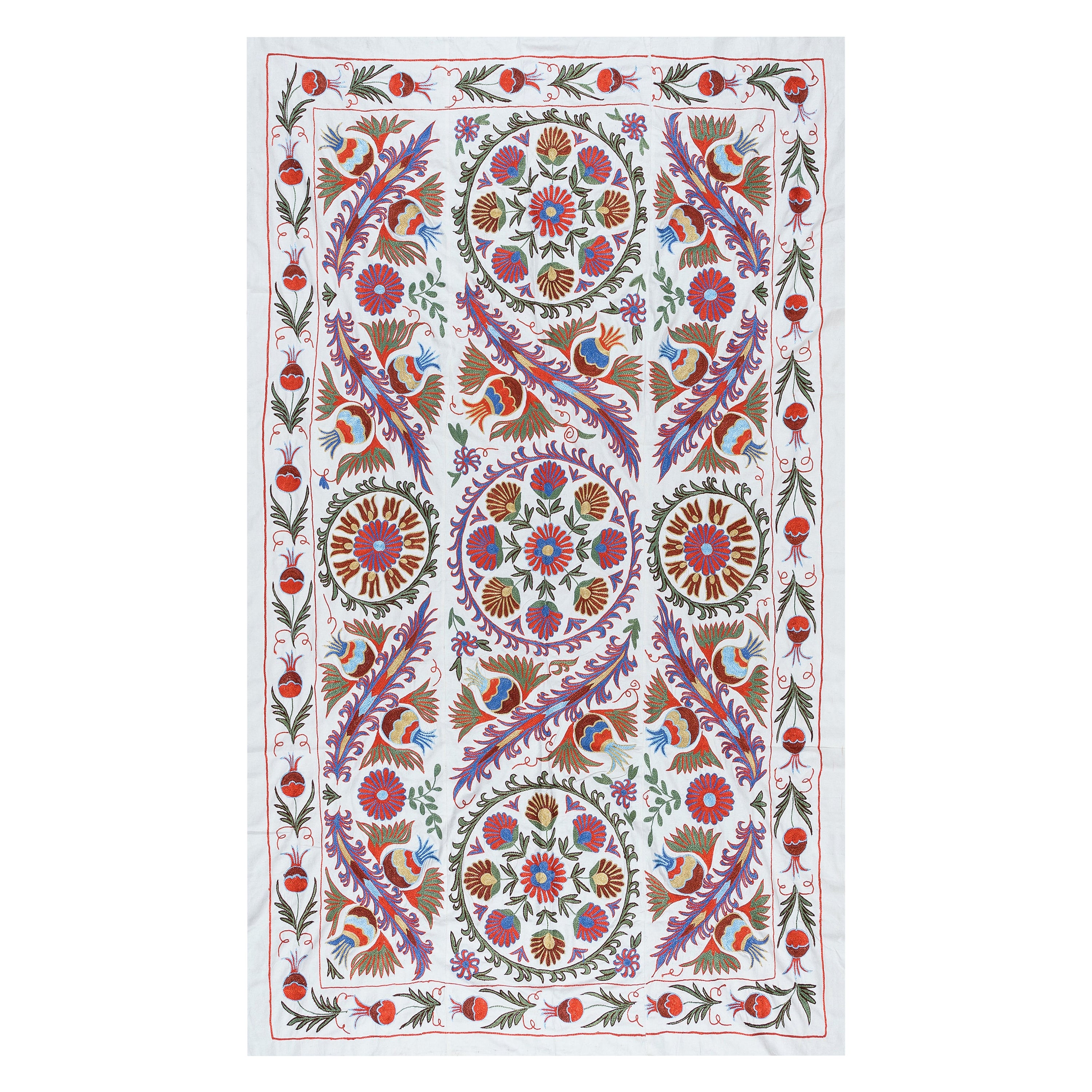 4,5x7.3 Ft Wandbehang aus Seide mit Stickerei, Usbekistan-Bettspread, handgefertigter Wandteppich