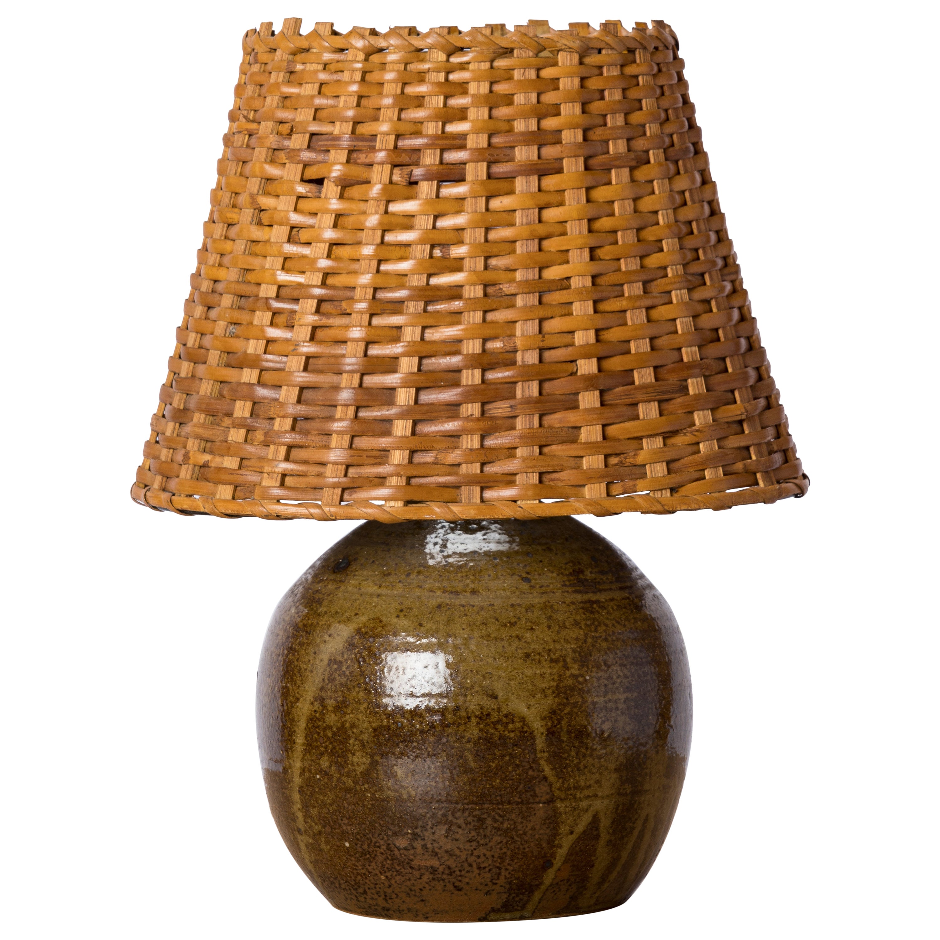 Shades of Green Petite Ceramic Table Lamp w. Wicker Shade - France 1970's For Sale