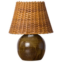 Shades of Green Petite Ceramic Table Lamp w. Wicker Shade - France 1970's