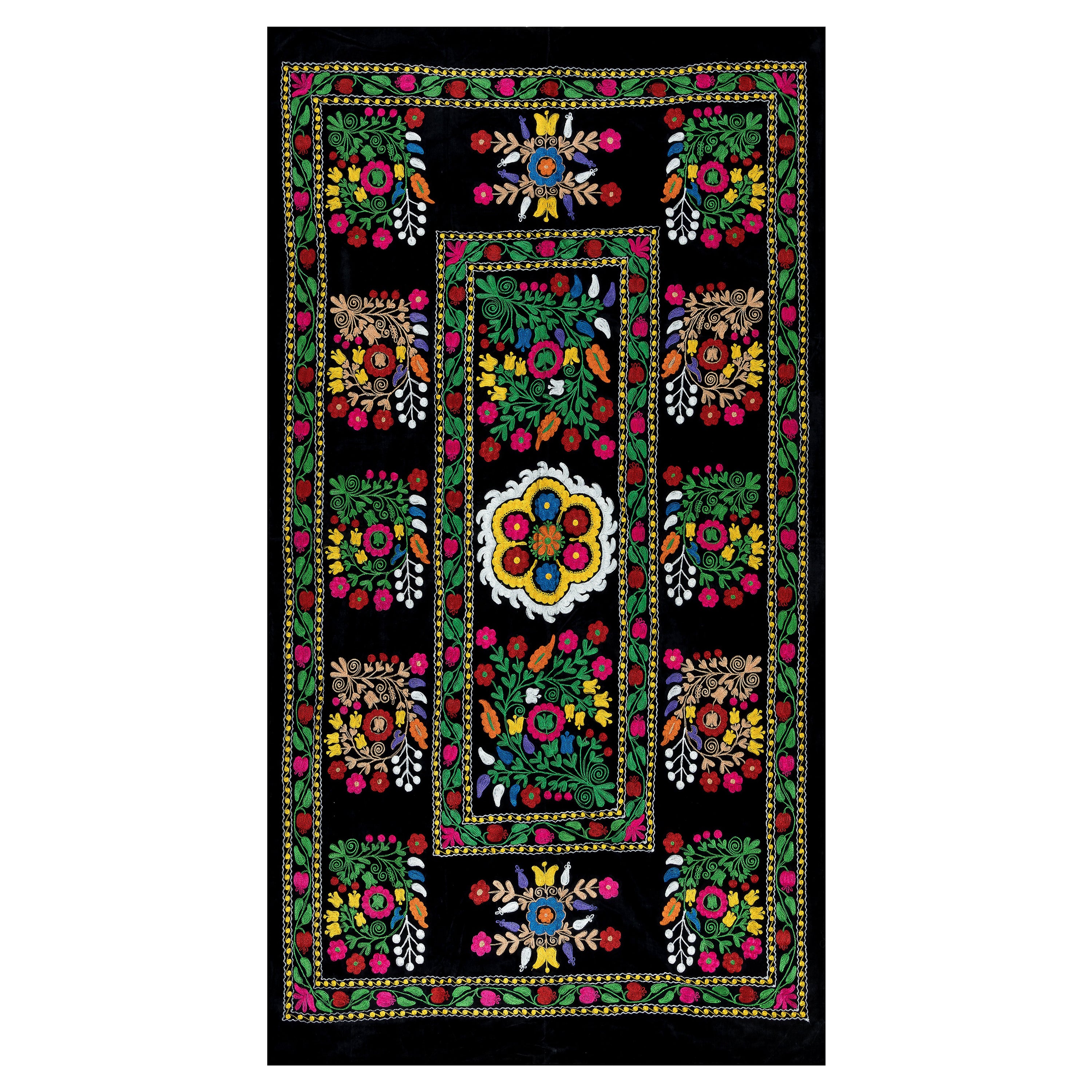 4x7.4 Ft Silk Embroidery Table Cover, Colorful Wall Hanging, Vintage Bedspread