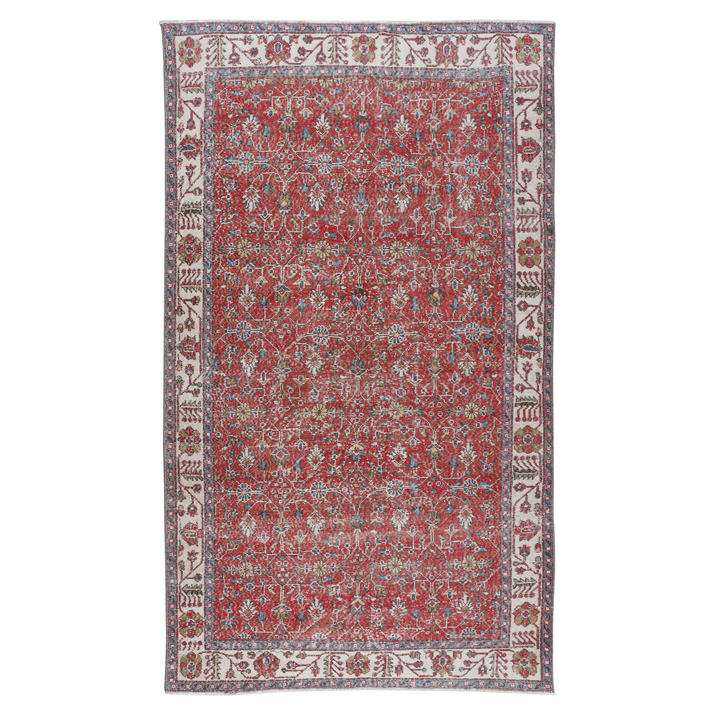 5.7x9.7 Ft Vintage Floral Hand Knotted Anatolian Wool Area Rug in Red & Beige For Sale