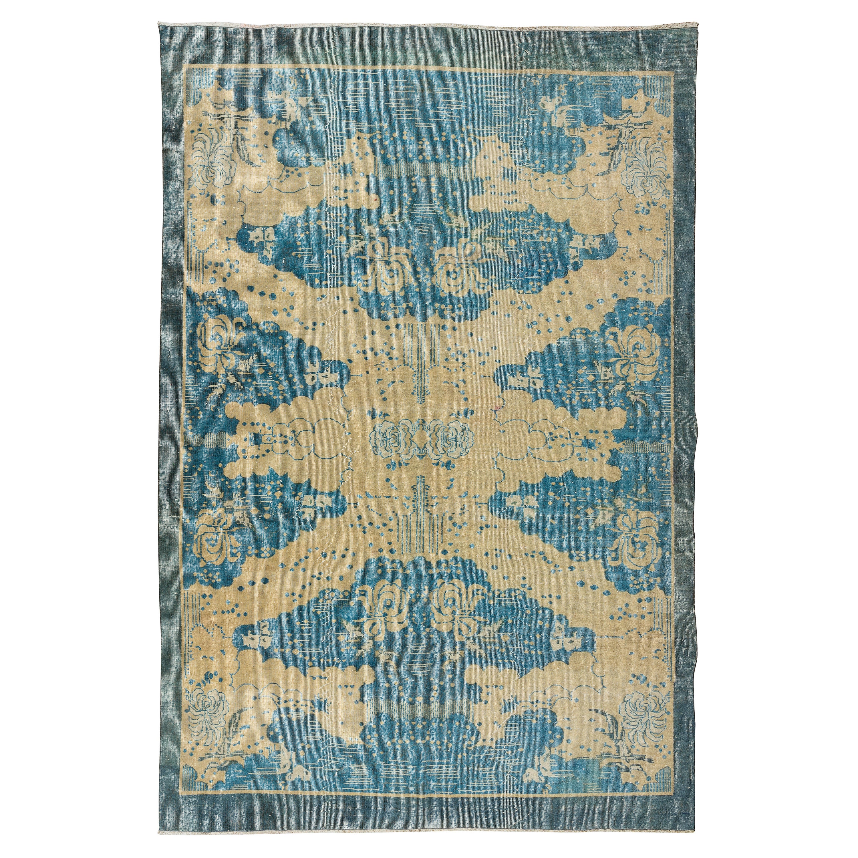 7x10.2 Ft Vintage Turkish Area Rug, Handmade Woolen Carpet in Beige and Blue en vente
