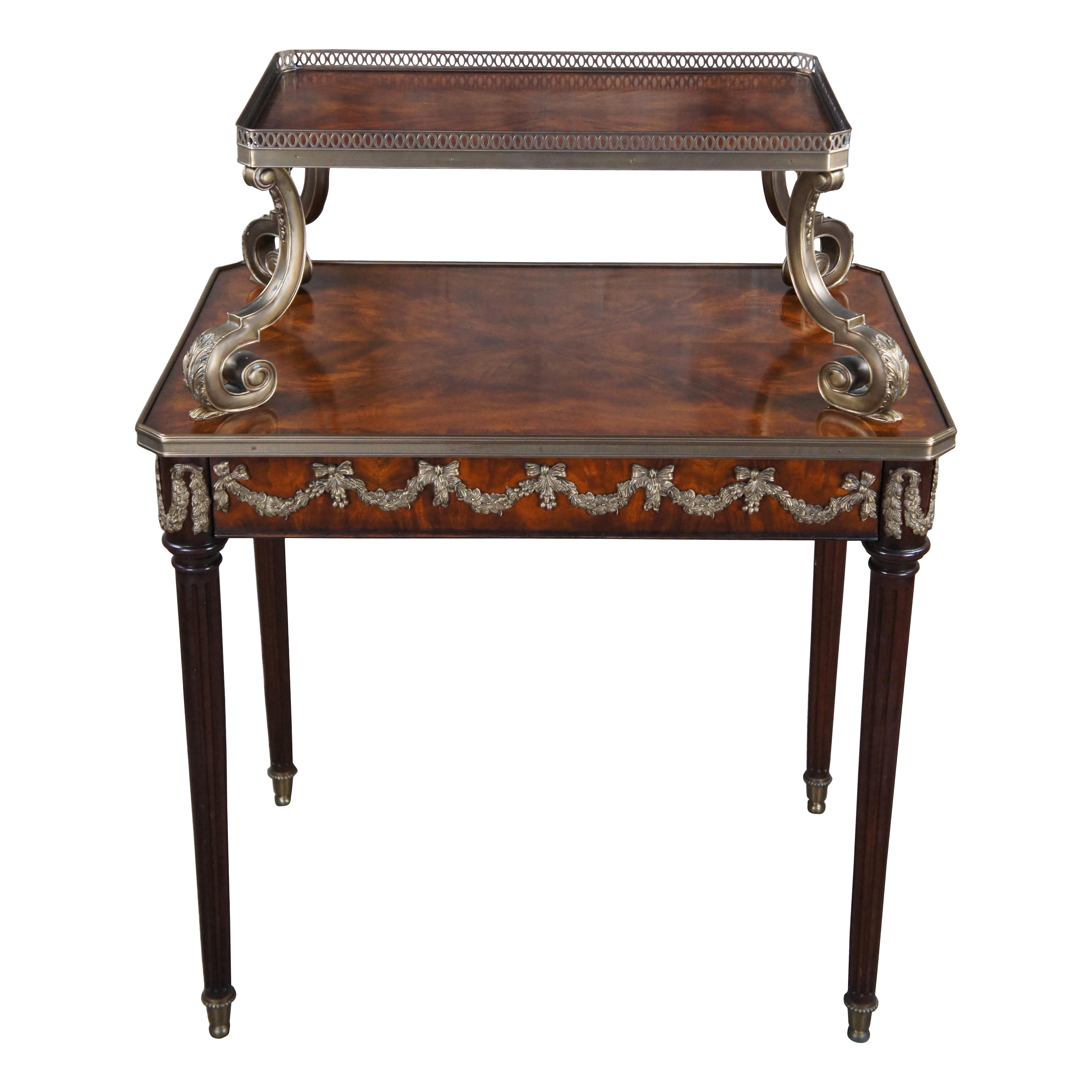 Theodore Alexander Louis XVI Two Tier Crotch Mahogany Display Tea Serving Table For Sale