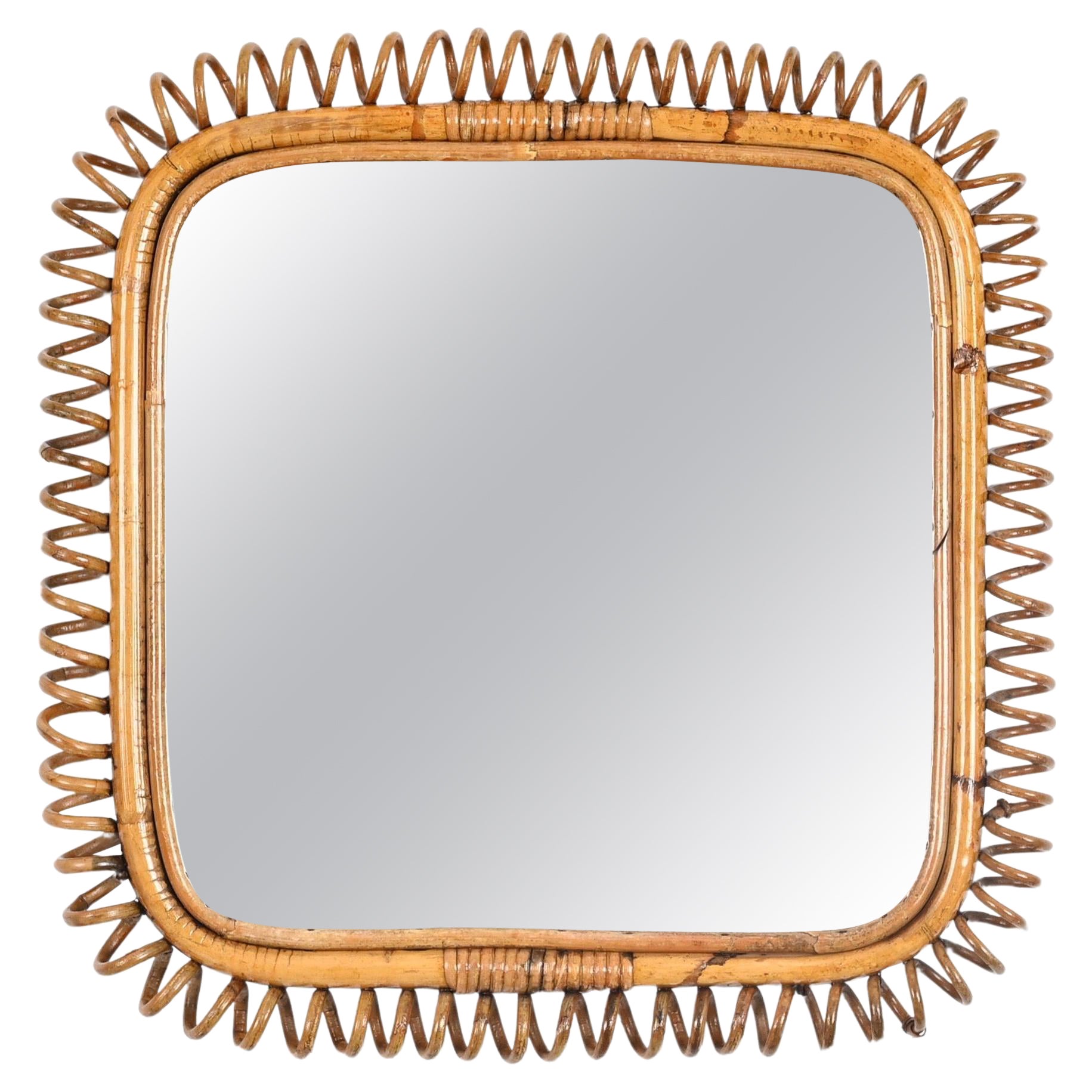 Mid-Century French Riviera Bamboo and Spiral Rattan Square Wall Mirror, 1960s For Sale