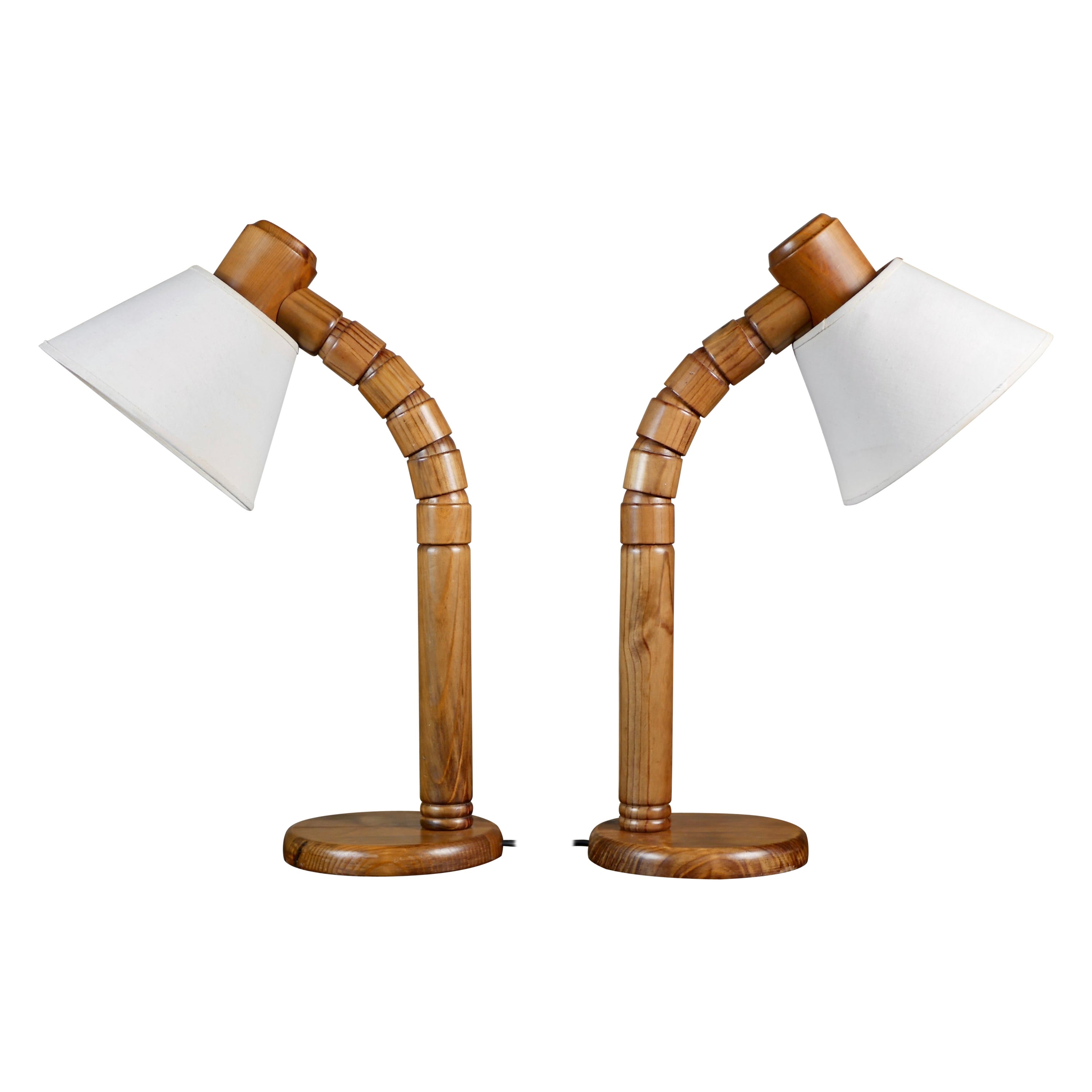 Pair of pinewood table lamps by Solbackens Svarveri, Sweden, 1970s For Sale